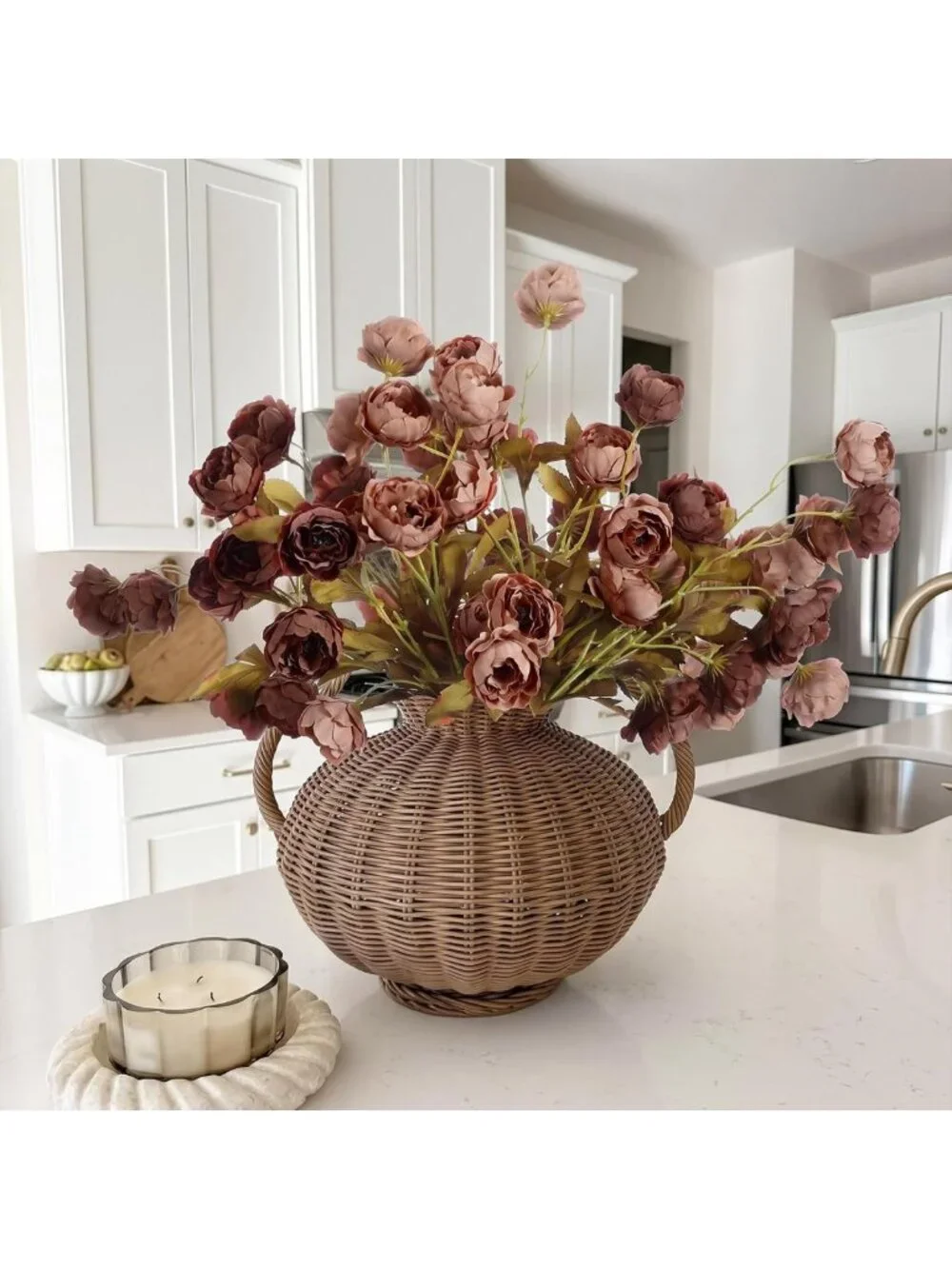 8 Pcs 26'' Fall Artificial Peony Stems - Tan & Light Orange Floral Decor